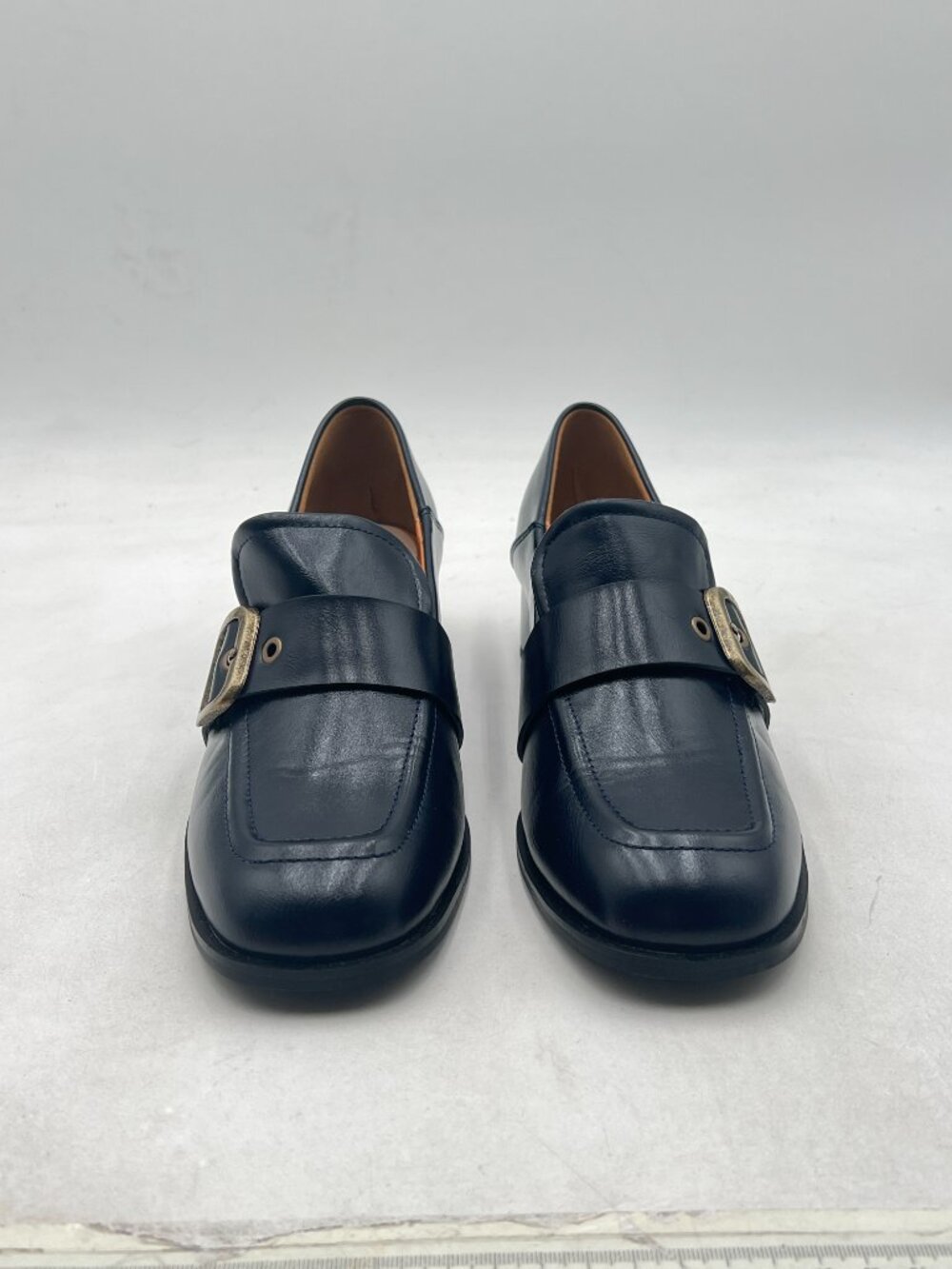 YDN Black Square Toe Loafers Slip on Block Low Heel Pumps Buckle Fashion Shoes - Picture 2 of 7